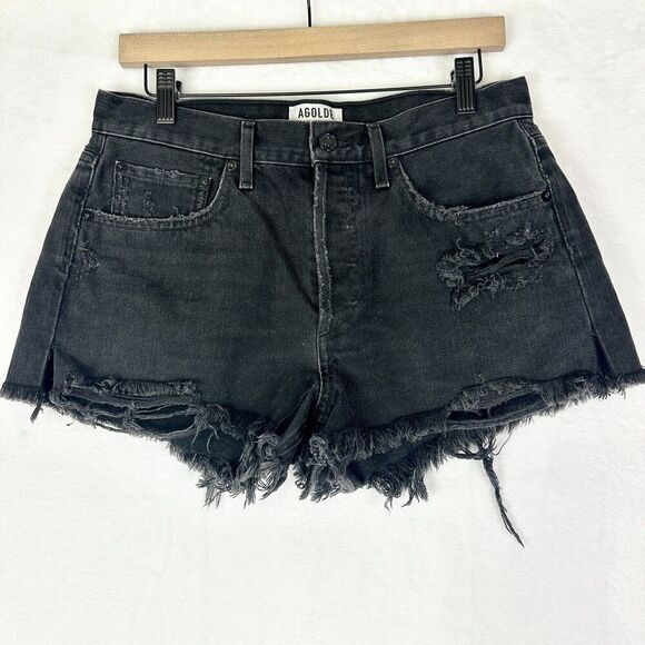 Agolde Parker Cutoff Shorts Size 27 Button Fly Distressed High Rise Black - Picture 1 of 4